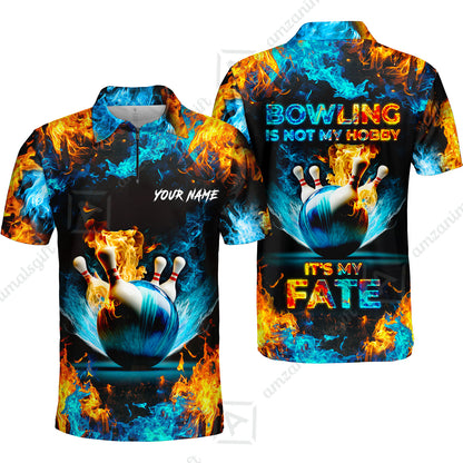 Bowling Custom Zip Polo Shirt - Custom Name Blue Bowling Ball And Pins On Fire Personalized Bowling Zip Polo Shirt