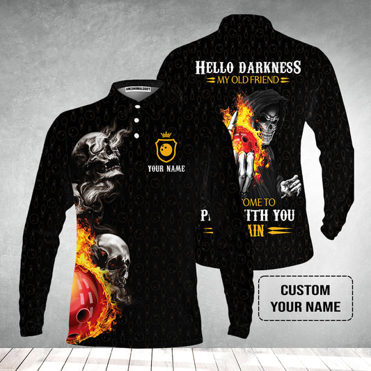 Bowling Custom Men's Long Sleeve Polo Shirt - Custom Name Bowling Skull Hello Darkness My Old Friend Personalized Bowling Long Sleeve Polo Shirt