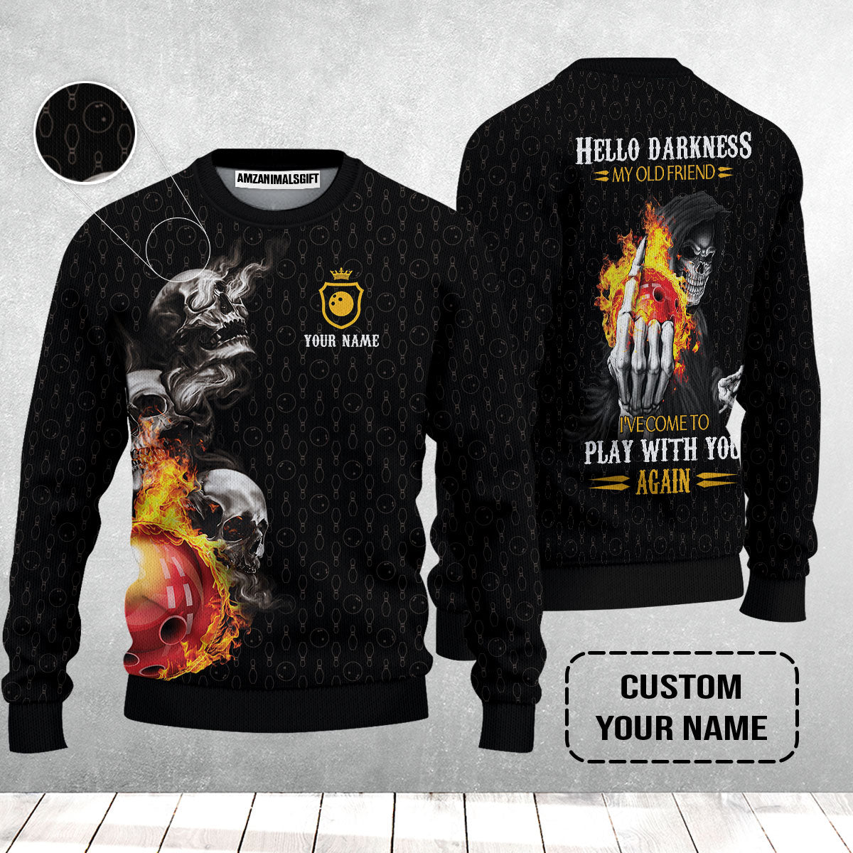 Bowling Custom Sweater - Custom Name Bowling Skull Hello Darkness My Old Friend Personalized Bowling Sweater