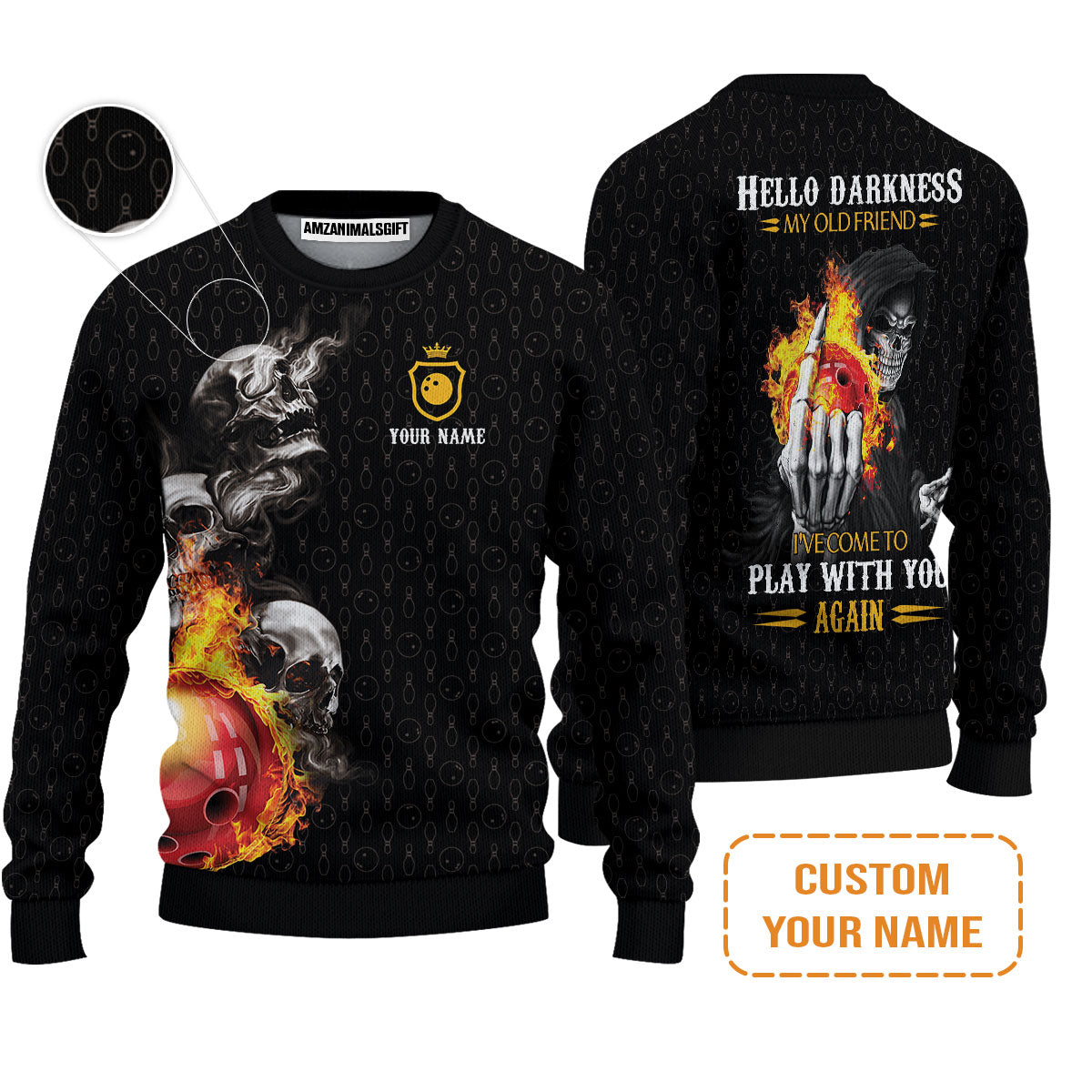 Bowling Custom Sweatshirt - Custom Name Bowling Skull Hello Darkness My Old Friend Personalized Bowling Sweatshirt