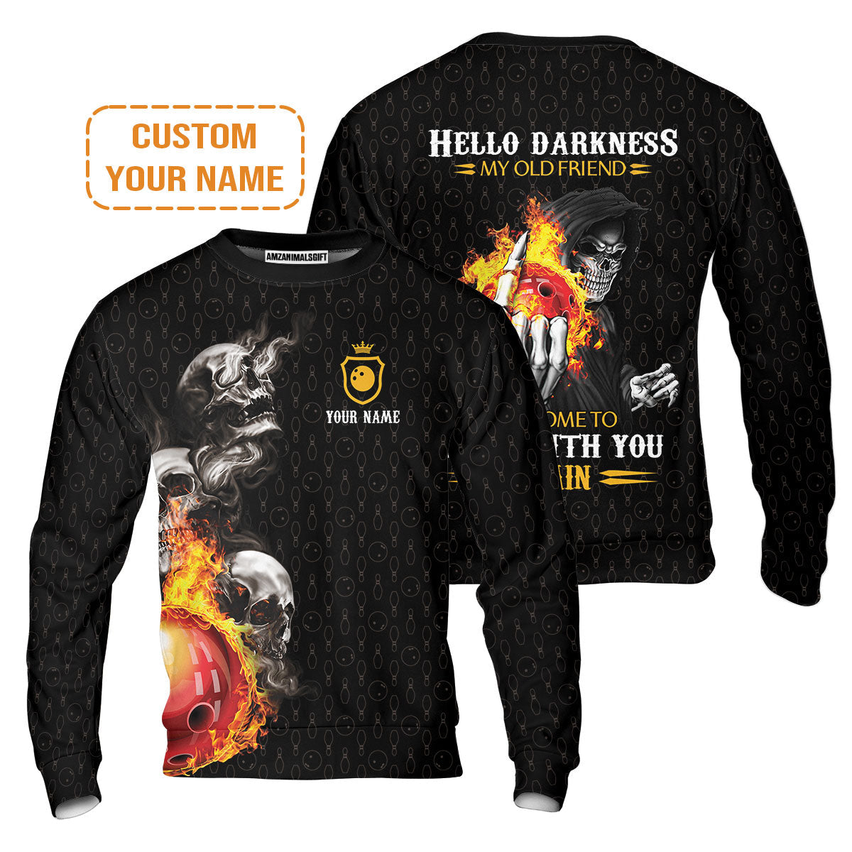 Bowling Custom Sweatshirt - Custom Name Bowling Skull Hello Darkness My Old Friend Personalized Bowling Sweatshirt