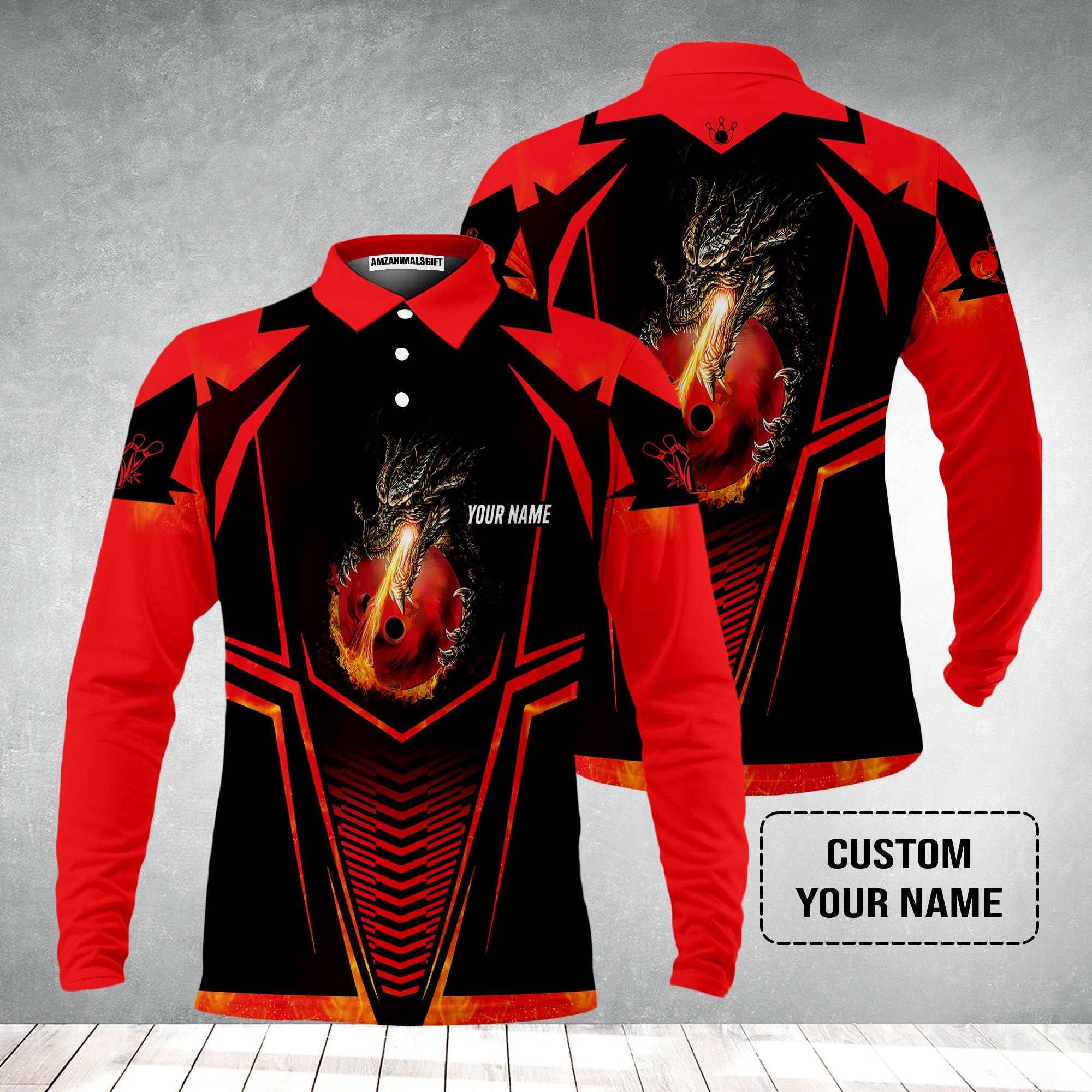 Bowling Custom Men's Long Sleeve Polo Shirt - Custom Name Dragon Fire Flame Personalized Bowling Long Sleeve Polo Shirt