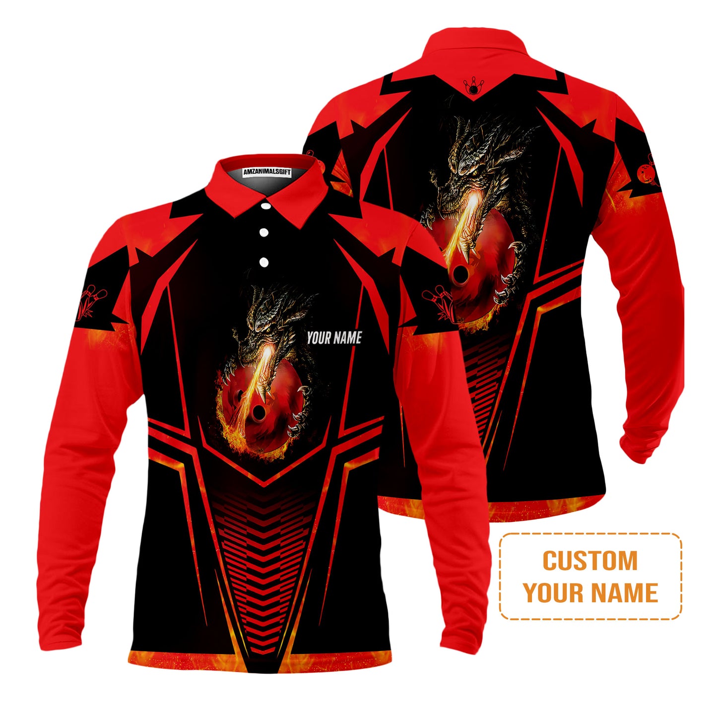 Bowling Custom Men Polo Shirt - Custom Name Dragon Fire Flame Personalized Bowling Polo Shirt - Perfect Gift For Friend, Family