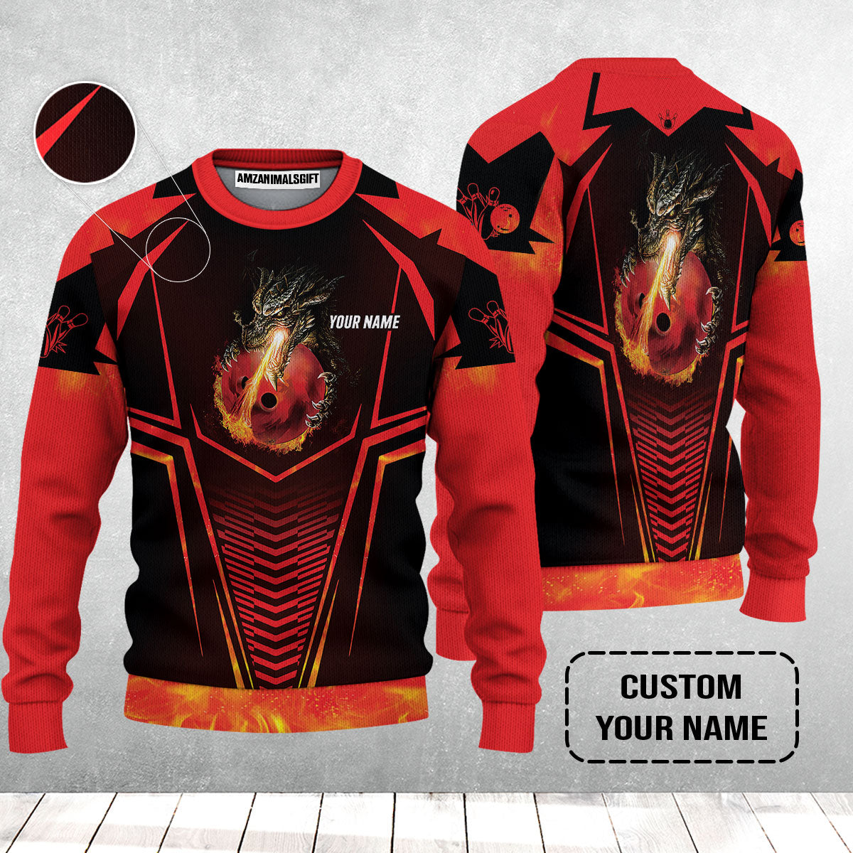Bowling Custom Sweater - Custom Name Dragon Fire Flame Personalized Bowling Sweater