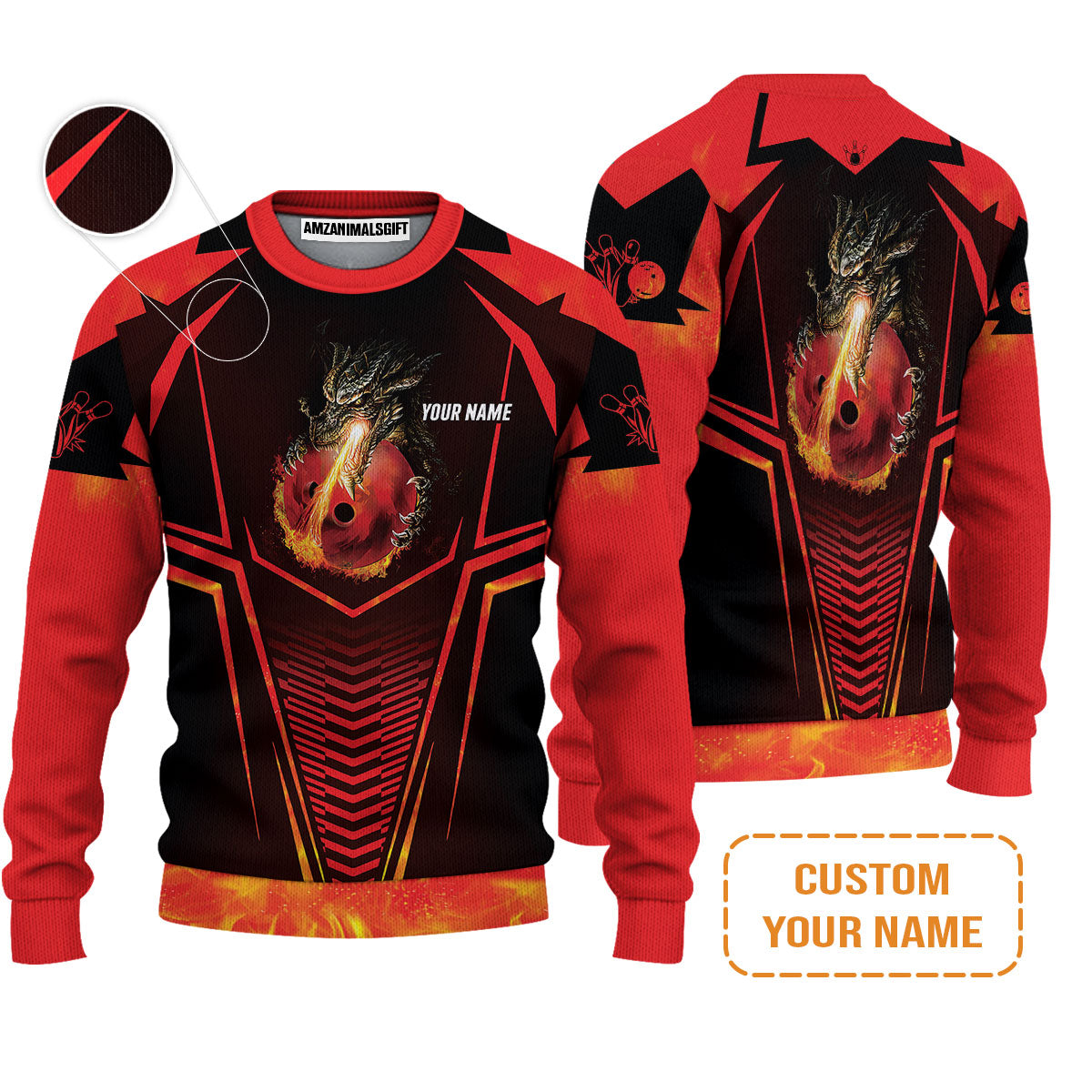 Bowling Custom Sweatshirt- Custom Name Dragon Fire Flame Personalized Bowling Sweatshirt
