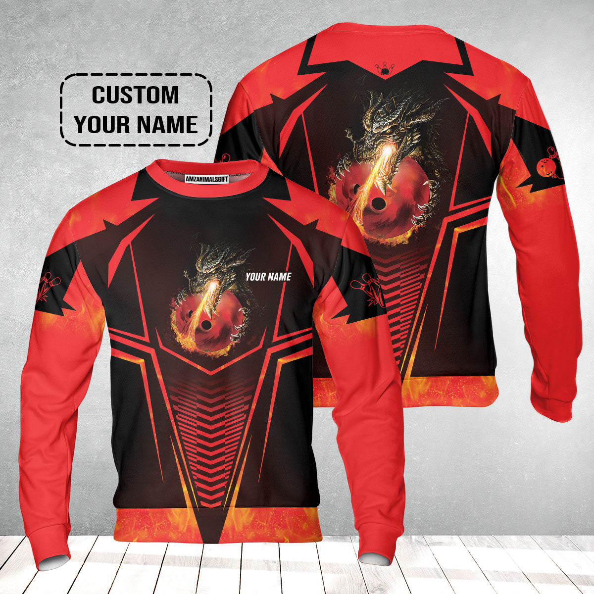 Bowling Custom Sweatshirt- Custom Name Dragon Fire Flame Personalized Bowling Sweatshirt