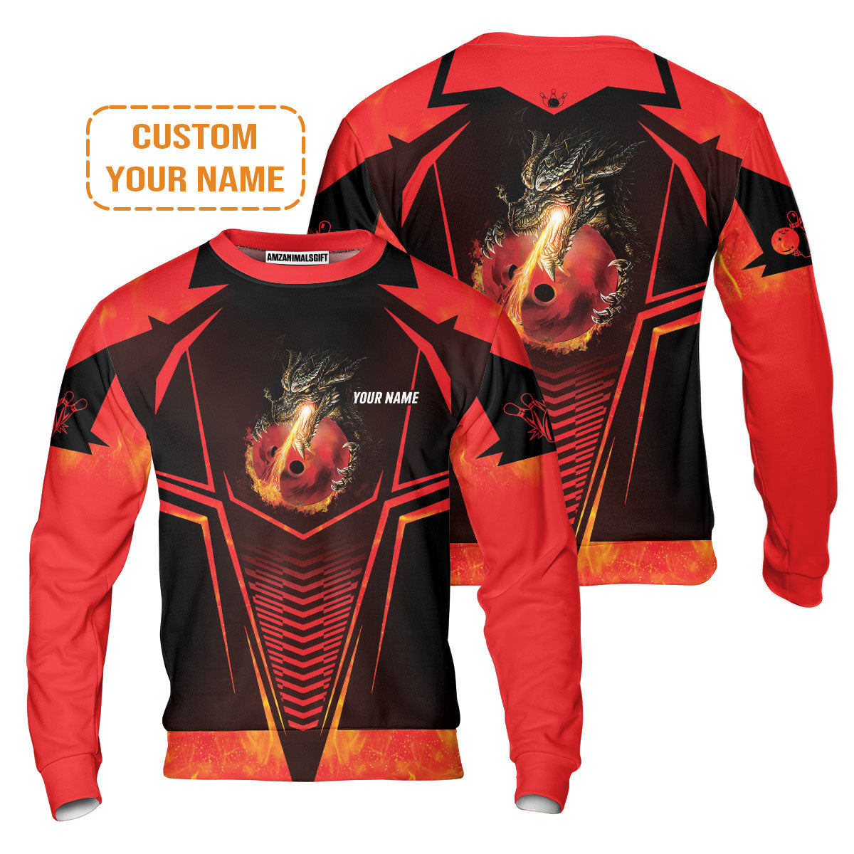 Bowling Custom Sweatshirt- Custom Name Dragon Fire Flame Personalized Bowling Sweatshirt