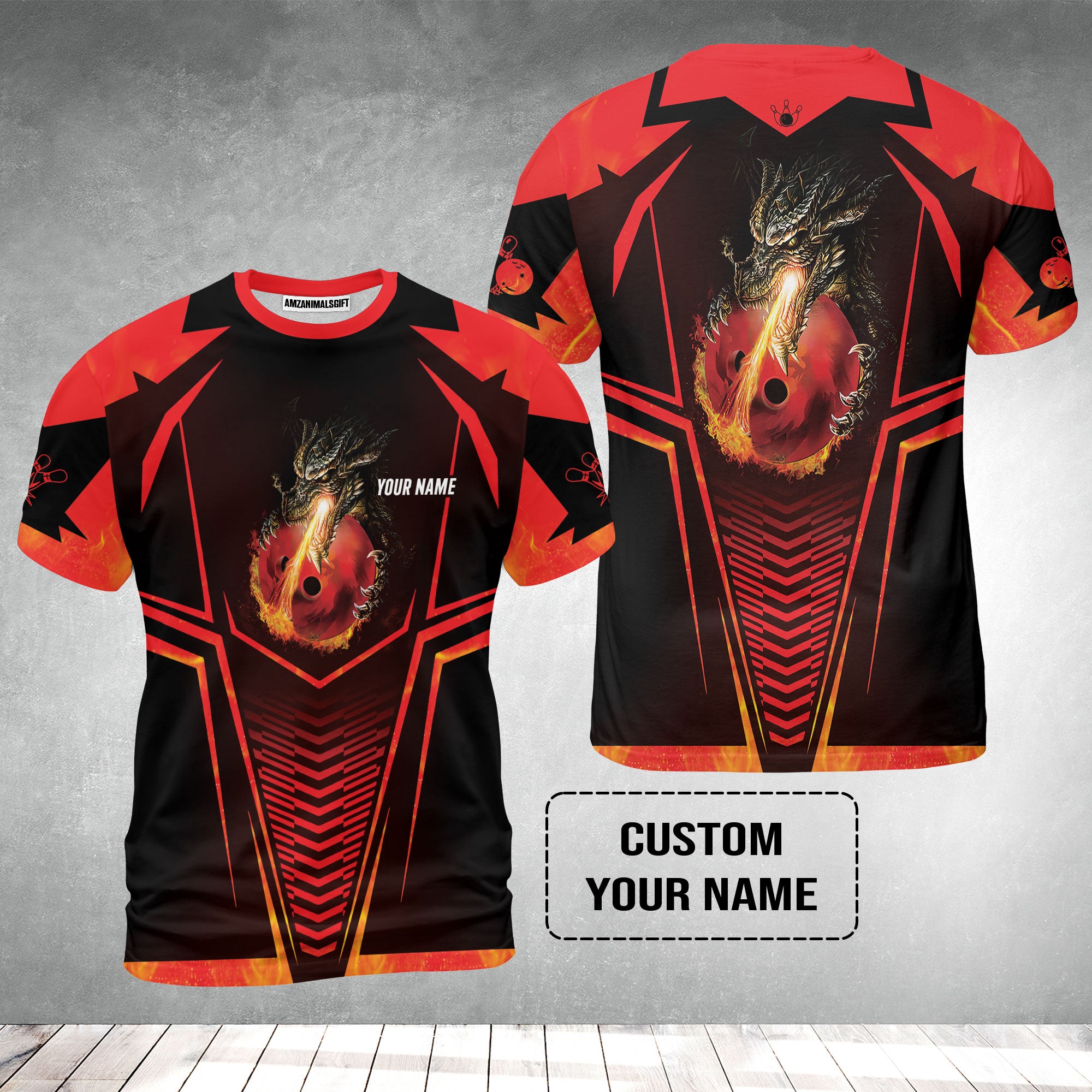 Bowling Custom T-Shirt - Custom Name Dragon Fire Flame Personalized Bowling T-Shirt