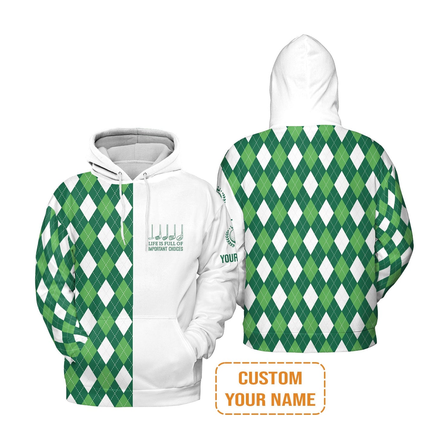 Golf Men's Long Sleeve Polo Shirt -Custom Name Green Argyle Plaid Apparel - Life Is Full Of Important Choices - Personalized Gift For Golf Lover, Men, Husband, Team