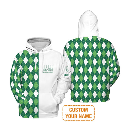 Golf Men's Long Sleeve Polo Shirt -Custom Name Green Argyle Plaid Apparel - Life Is Full Of Important Choices - Personalized Gift For Golf Lover, Men, Husband, Team