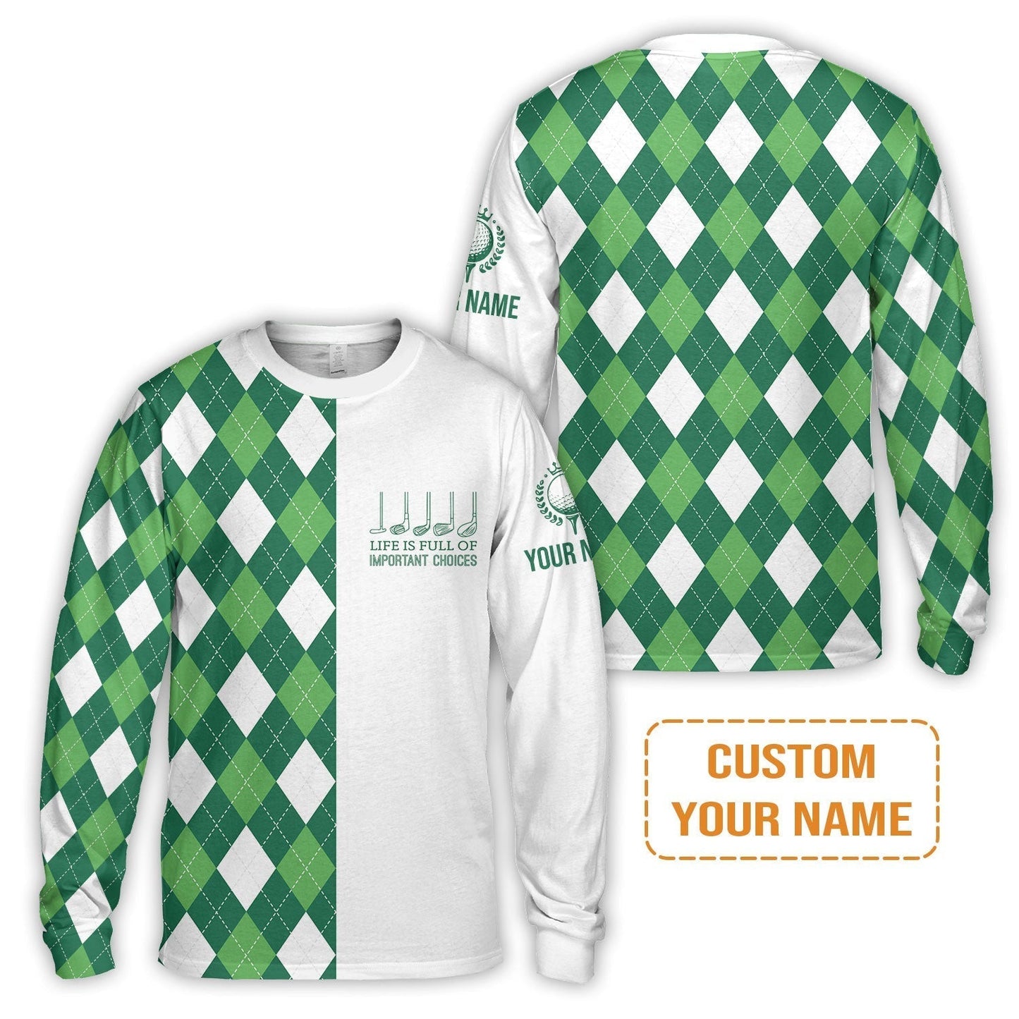 Golf Hoodie-Custom Name Green Argyle Plaid Apparel - Life Is Full Of Important Choices - Personalized Gift For Golf Lover, Men, Husband, Team
