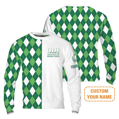 Golf Men's Long Sleeve Polo Shirt -Custom Name Green Argyle Plaid Apparel - Life Is Full Of Important Choices - Personalized Gift For Golf Lover, Men, Husband, Team