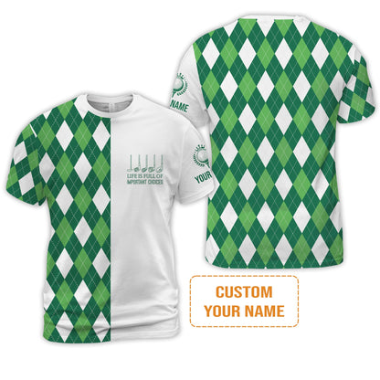 Golf Men's Long Sleeve Polo Shirt -Custom Name Green Argyle Plaid Apparel - Life Is Full Of Important Choices - Personalized Gift For Golf Lover, Men, Husband, Team
