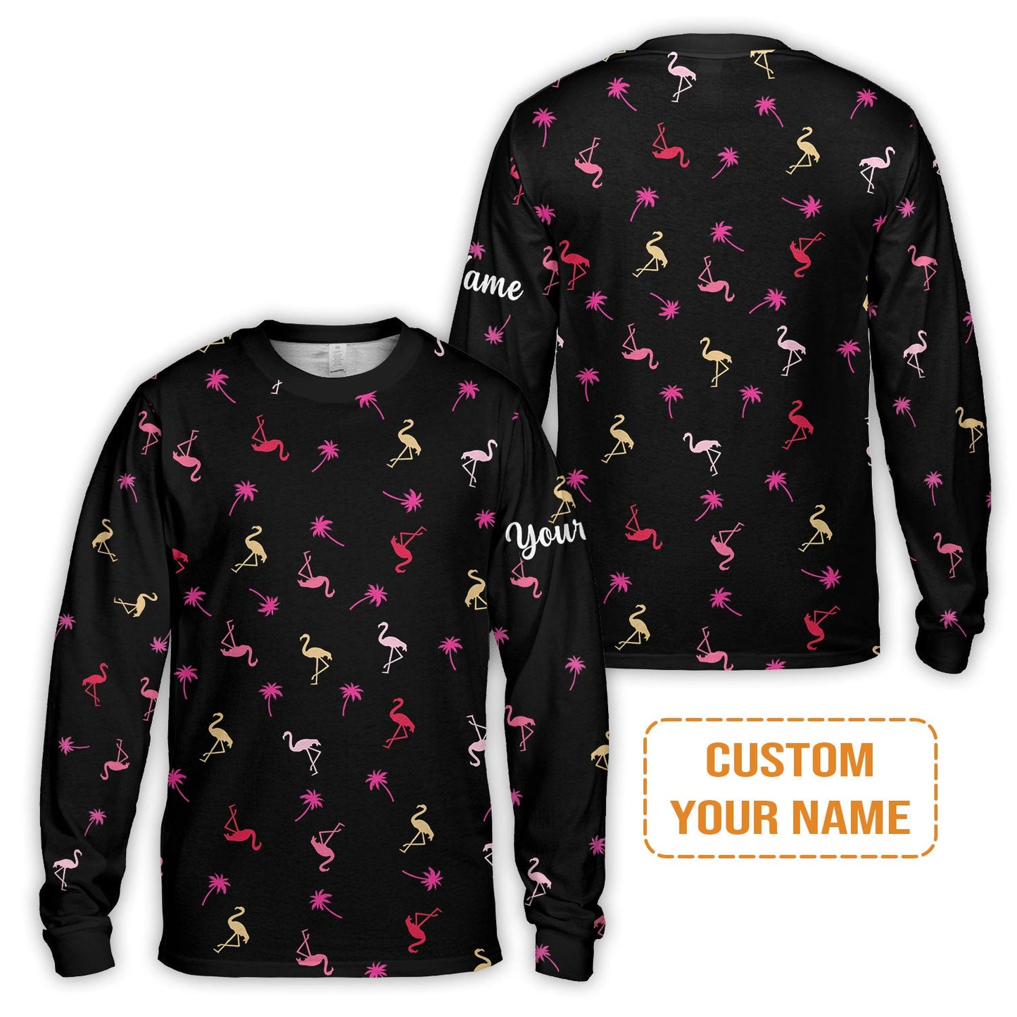 Flamingo Golf Men's Long Sleeve Polo Shirt - Custom Name Neon Pink Flamingos Palm Pattern Apparel - Personalized Gift For Golf Lover, Team, Husband, Boyfriend, Men