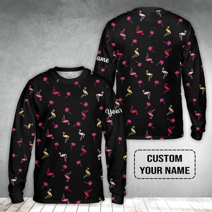 Flamingo Golf Long Sleeve Shirt - Custom Name Neon Pink Flamingos Palm Pattern Apparel Long Sleeve Shirt- Personalized Gift For Golf Lover, Team, Husband, Boyfriend, Men