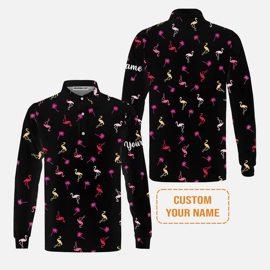 Flamingo Golf Men's Long Sleeve Polo Shirt - Custom Name Neon Pink Flamingos Palm Pattern Apparel - Personalized Gift For Golf Lover, Team, Husband, Boyfriend, Men