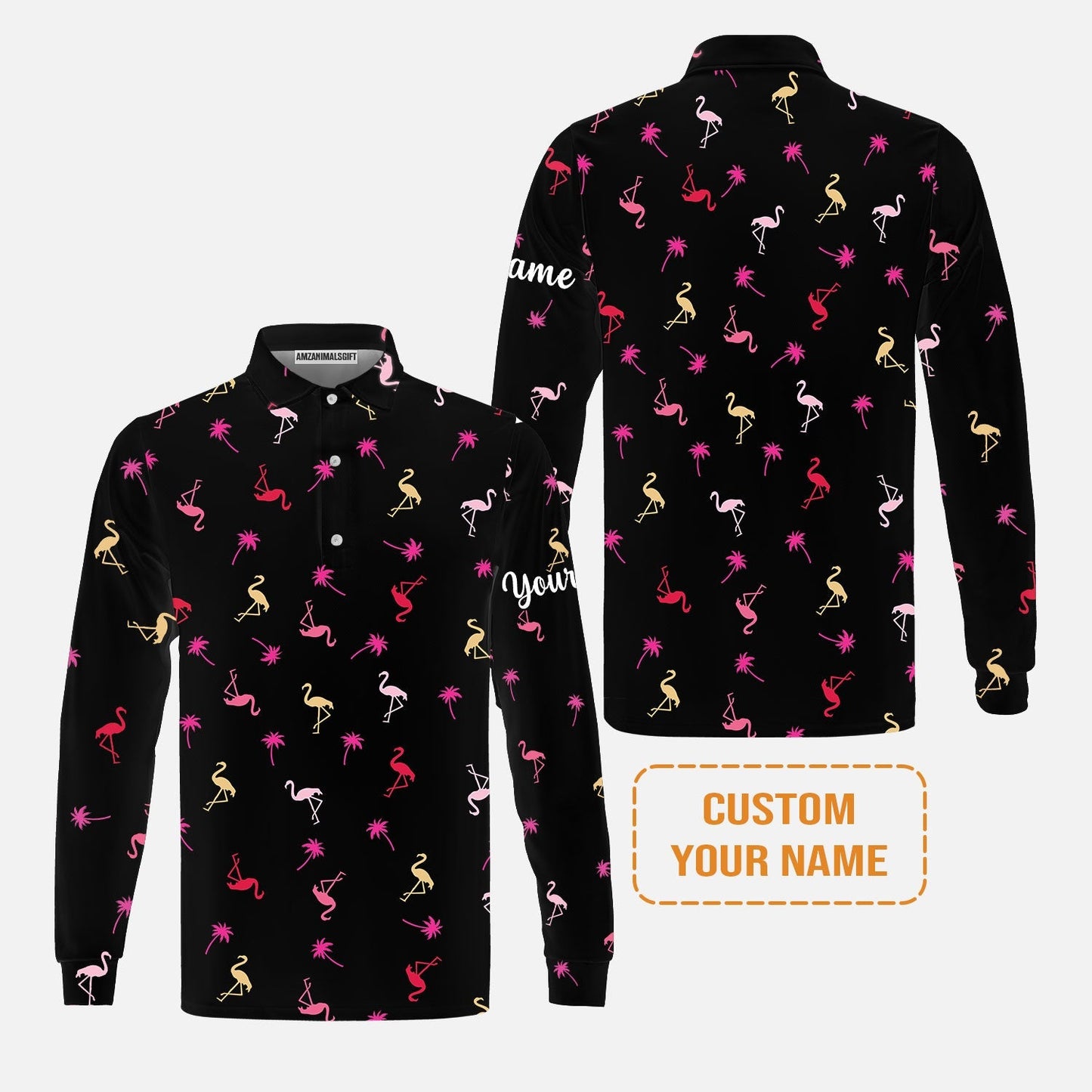 Flamingo Golf T-Shirt - Custom Name Neon Pink Flamingos Palm Pattern Apparel T-Shirt - Personalized Gift For Golf Lover, Team, Husband, Boyfriend, Men