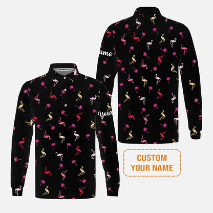 Flamingo Golf T-Shirt - Custom Name Neon Pink Flamingos Palm Pattern Apparel T-Shirt - Personalized Gift For Golf Lover, Team, Husband, Boyfriend, Men