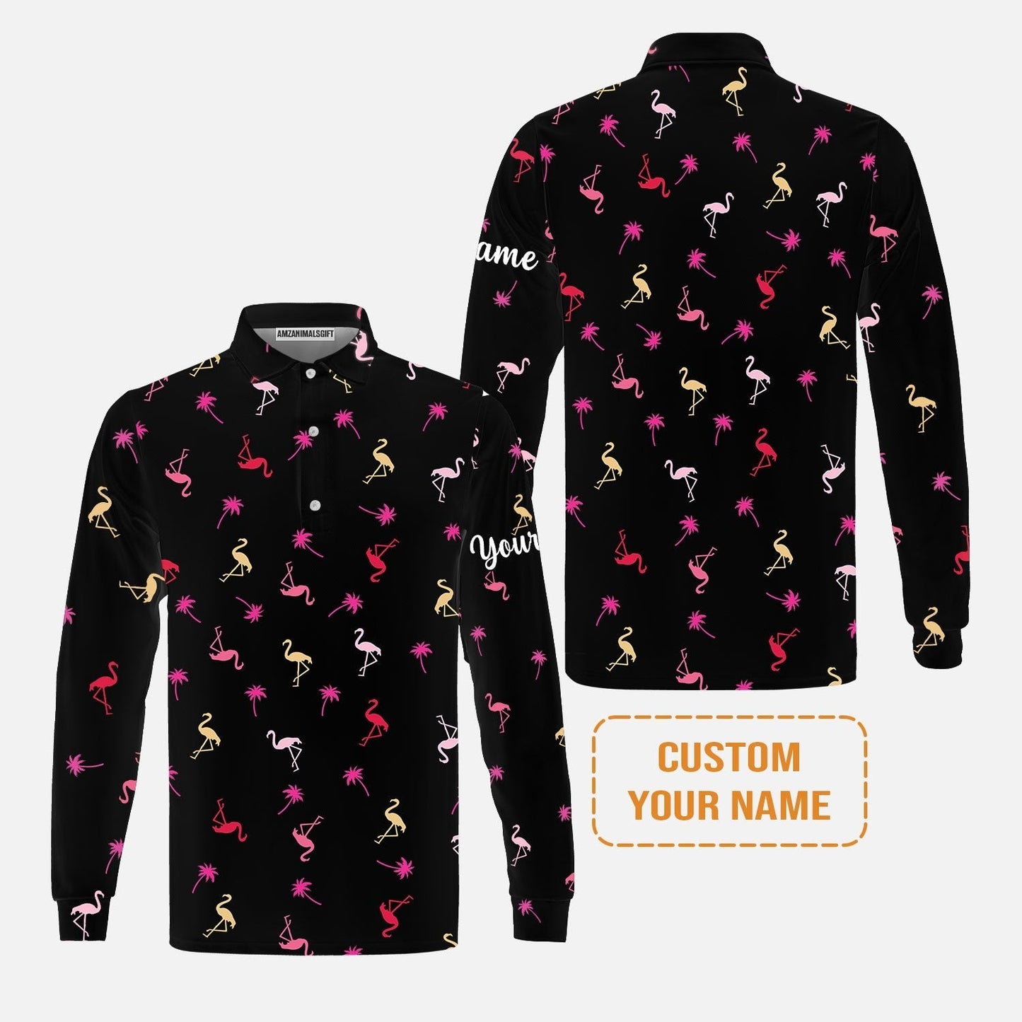 Flamingo Golf Long Sleeve Shirt - Custom Name Neon Pink Flamingos Palm Pattern Apparel Long Sleeve Shirt- Personalized Gift For Golf Lover, Team, Husband, Boyfriend, Men