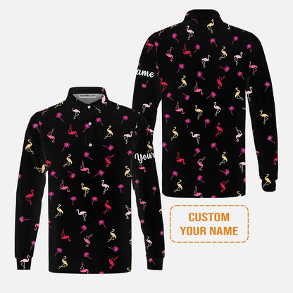 Flamingo Golf Long Sleeve Shirt - Custom Name Neon Pink Flamingos Palm Pattern Apparel Long Sleeve Shirt- Personalized Gift For Golf Lover, Team, Husband, Boyfriend, Men