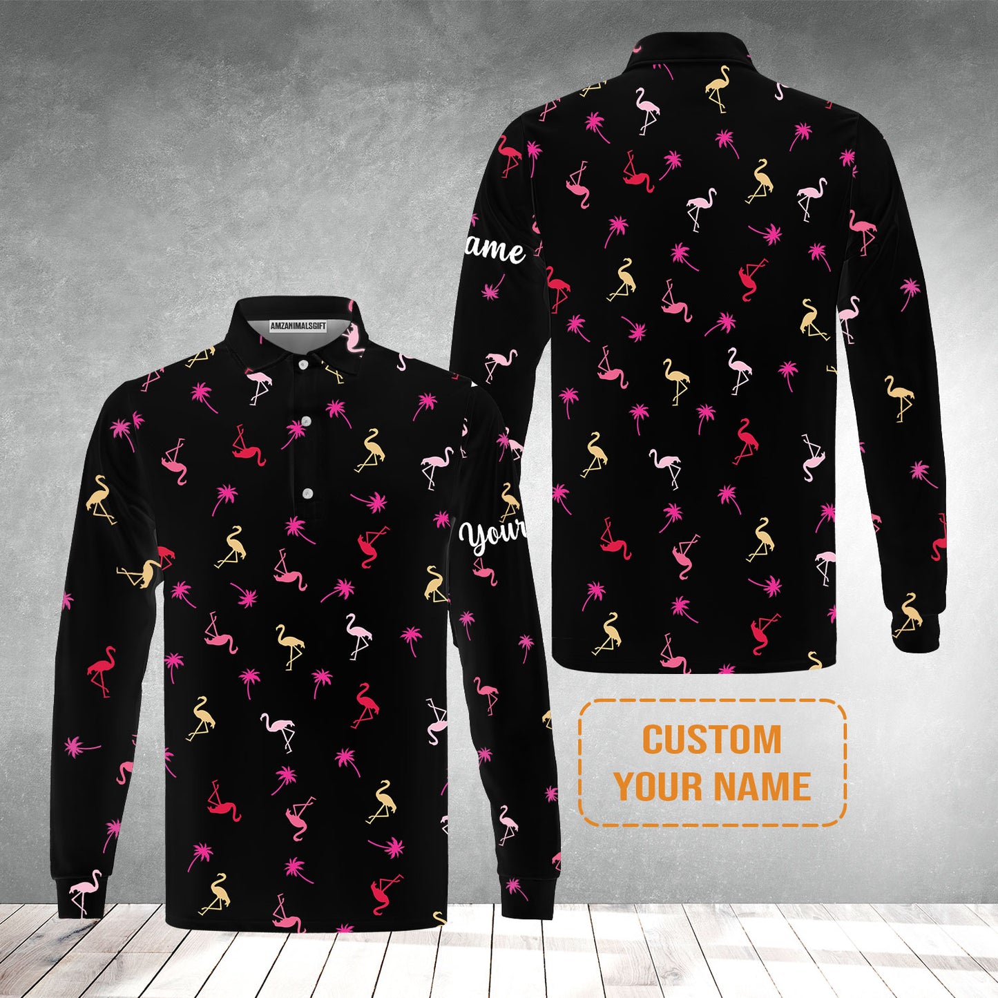 Flamingo Golf Men's Long Sleeve Polo Shirt - Custom Name Neon Pink Flamingos Palm Pattern Apparel - Personalized Gift For Golf Lover, Team, Husband, Boyfriend, Men