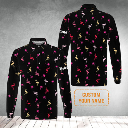 Flamingo Golf Men's Long Sleeve Polo Shirt - Custom Name Neon Pink Flamingos Palm Pattern Apparel - Personalized Gift For Golf Lover, Team, Husband, Boyfriend, Men