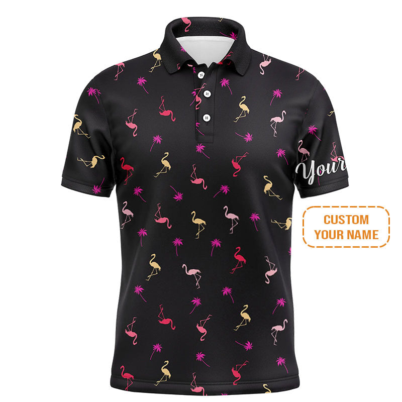 Flamingo Golf Men's Long Sleeve Polo Shirt - Custom Name Neon Pink Flamingos Palm Pattern Apparel - Personalized Gift For Golf Lover, Team, Husband, Boyfriend, Men