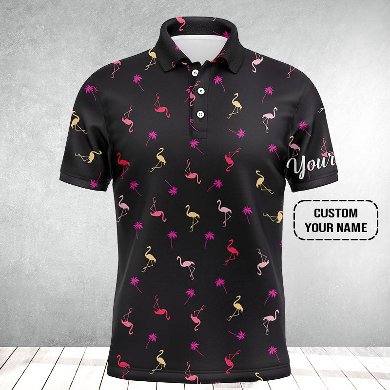 Flamingo Golf Men Polo Shirt - Custom Name Neon Pink Flamingos Palm Pattern Apparel - Personalized Gift For Golf Lover, Team, Husband, Boyfriend, Men