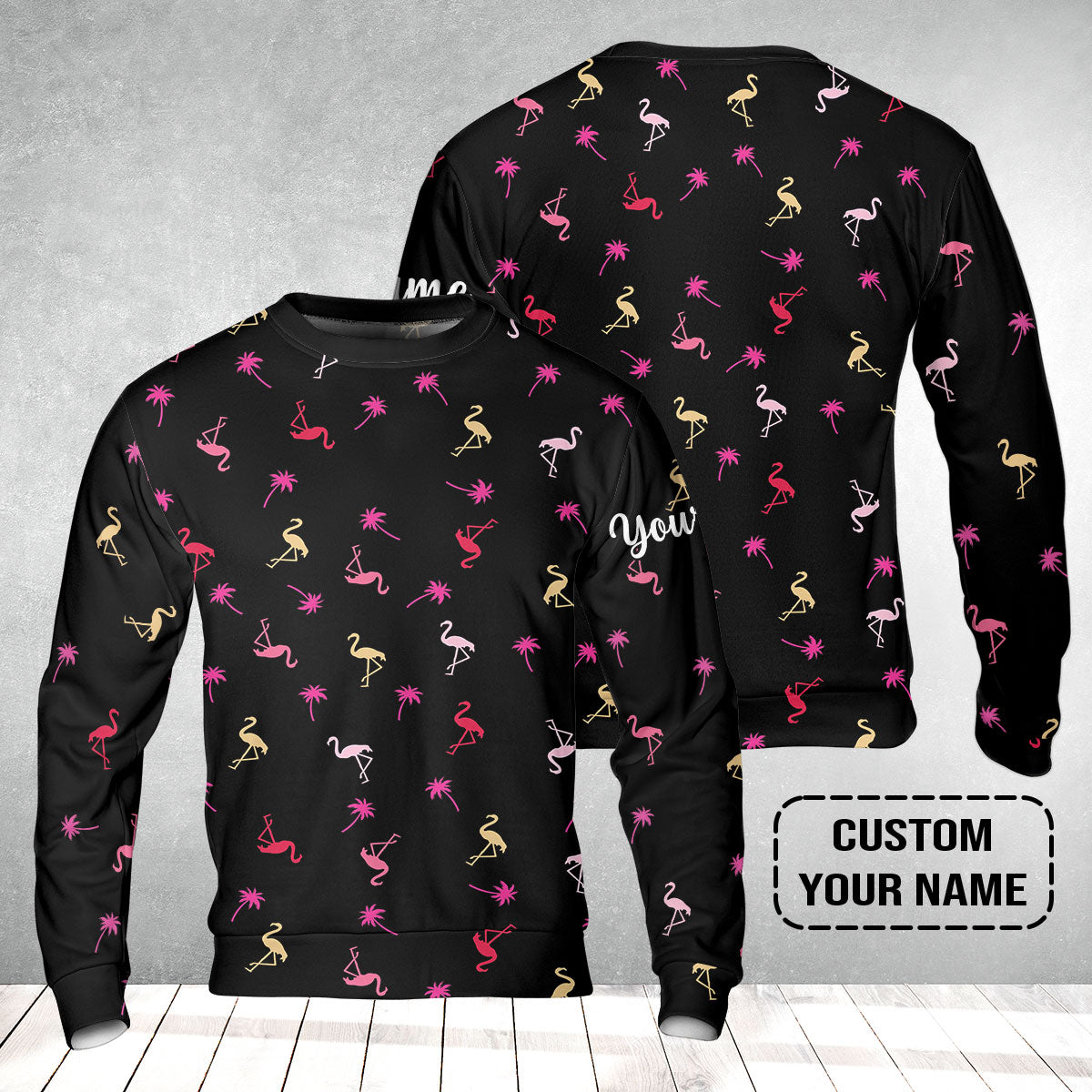 Flamingo Golf Sweatshirt - Custom Name Neon Pink Flamingos Palm Pattern Apparel Sweatshirt- Personalized Gift For Golf Lover, Team, Husband, Boyfriend, Men