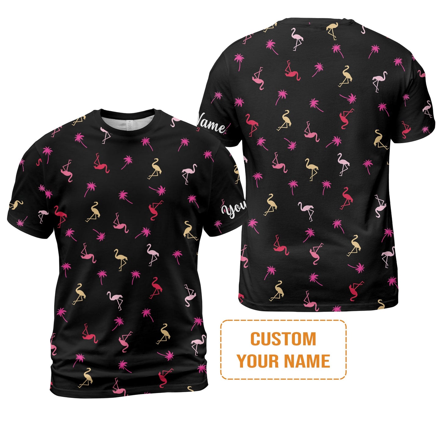 Flamingo Golf Men's Long Sleeve Polo Shirt - Custom Name Neon Pink Flamingos Palm Pattern Apparel - Personalized Gift For Golf Lover, Team, Husband, Boyfriend, Men