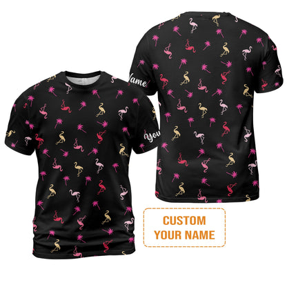 Flamingo Golf Men's Long Sleeve Polo Shirt - Custom Name Neon Pink Flamingos Palm Pattern Apparel - Personalized Gift For Golf Lover, Team, Husband, Boyfriend, Men