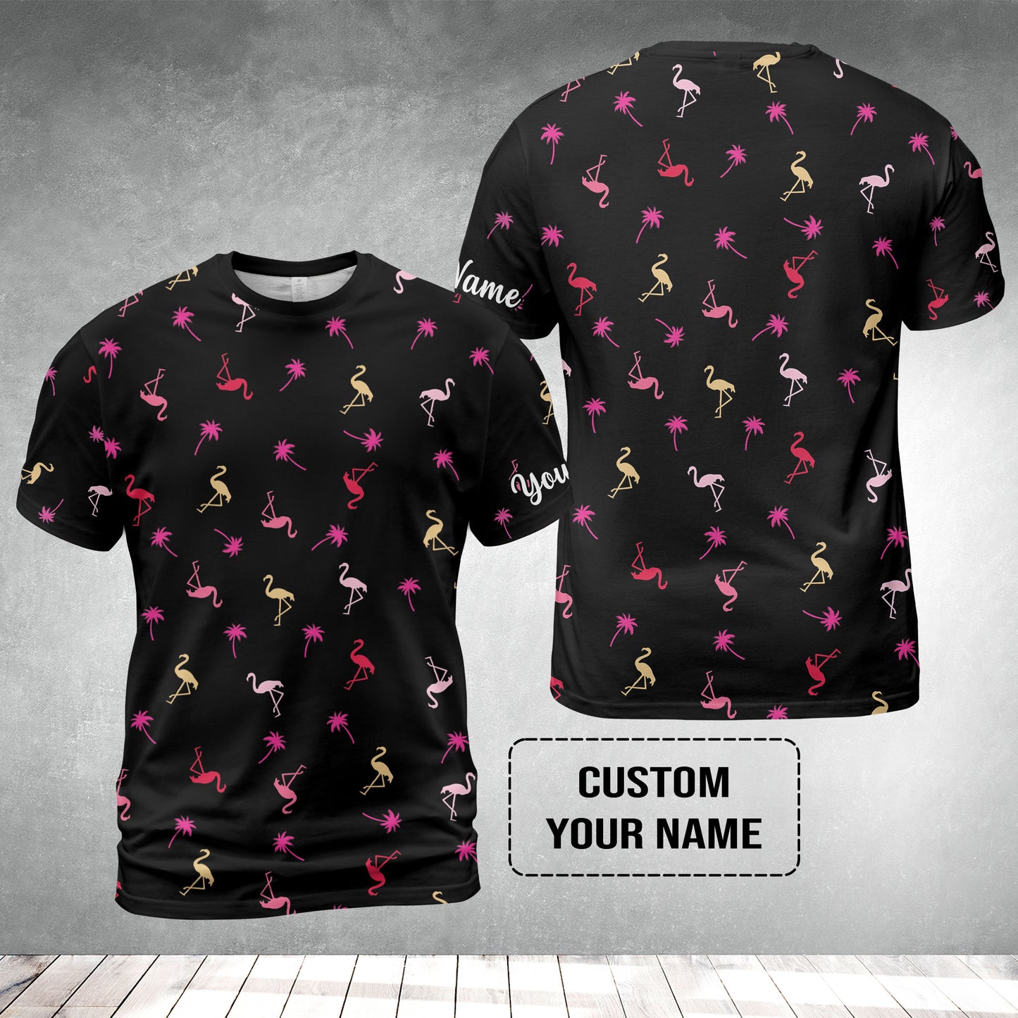 Flamingo Golf T-Shirt - Custom Name Neon Pink Flamingos Palm Pattern Apparel T-Shirt - Personalized Gift For Golf Lover, Team, Husband, Boyfriend, Men