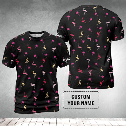 Flamingo Golf T-Shirt - Custom Name Neon Pink Flamingos Palm Pattern Apparel T-Shirt - Personalized Gift For Golf Lover, Team, Husband, Boyfriend, Men