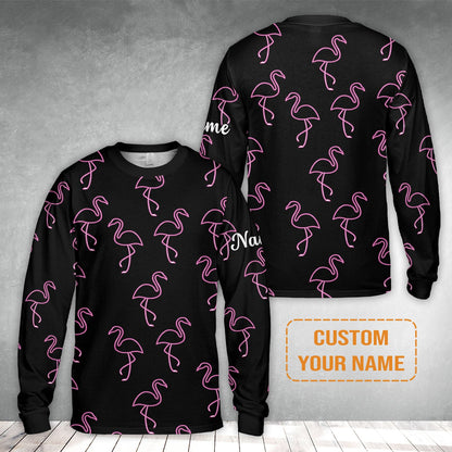 Flamingo Golf Men's Long Sleeve Polo Shirt - Custom Name Neon Pink Flamingos Pattern Apparel - Personalized Gift For Golf Lover, Team, Husband, Boyfriend, Men
