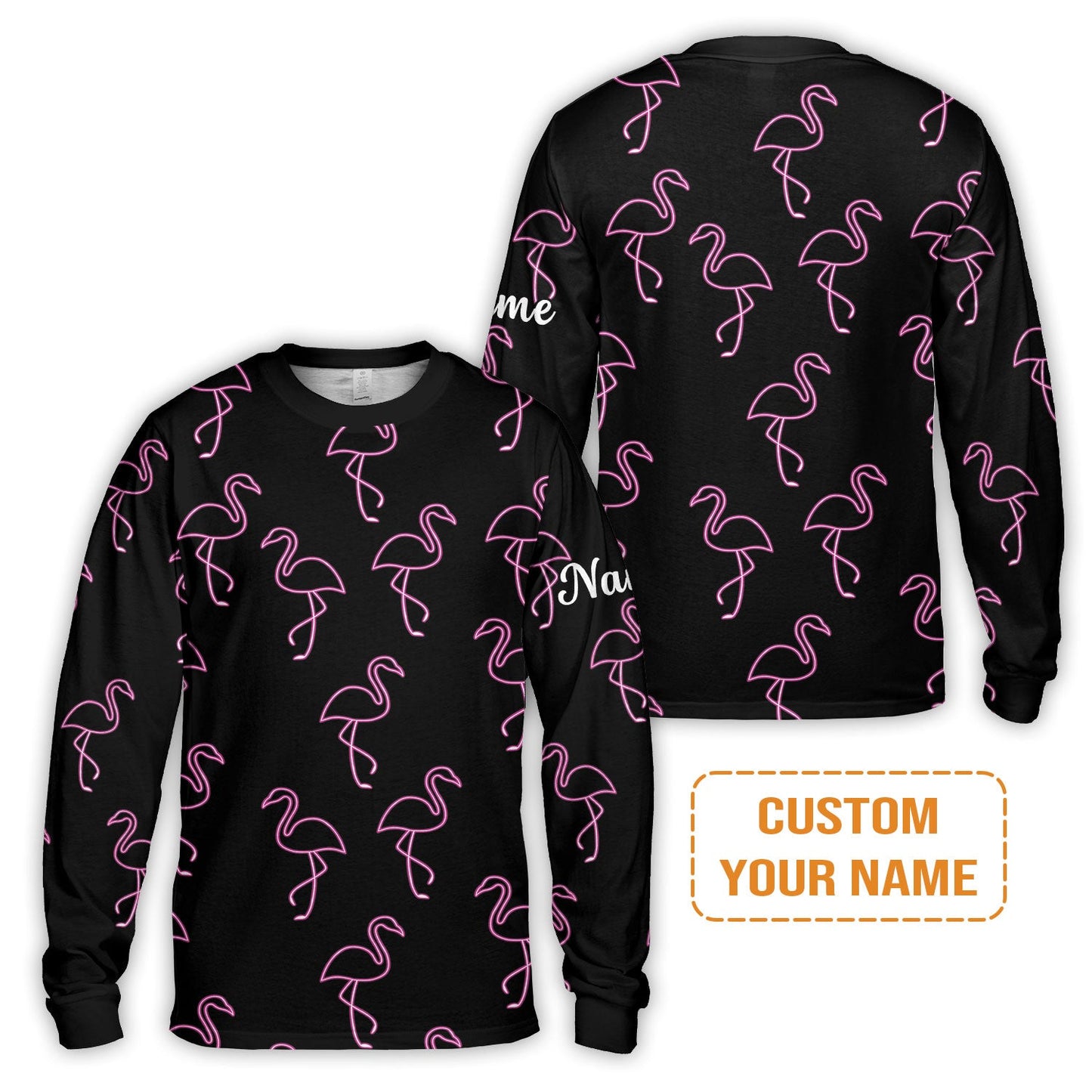 Flamingo Golf Men's Long Sleeve Polo Shirt - Custom Name Neon Pink Flamingos Pattern Apparel - Personalized Gift For Golf Lover, Team, Husband, Boyfriend, Men