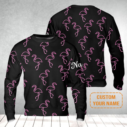 Flamingo Golf Men's Long Sleeve Polo Shirt - Custom Name Neon Pink Flamingos Pattern Apparel - Personalized Gift For Golf Lover, Team, Husband, Boyfriend, Men