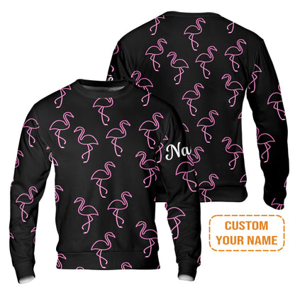 Flamingo Golf Long Sleeve Shirt - Custom Name Neon Pink Flamingos Pattern Apparel - Personalized Gift For Golf Lover, Team, Husband, Boyfriend, Men