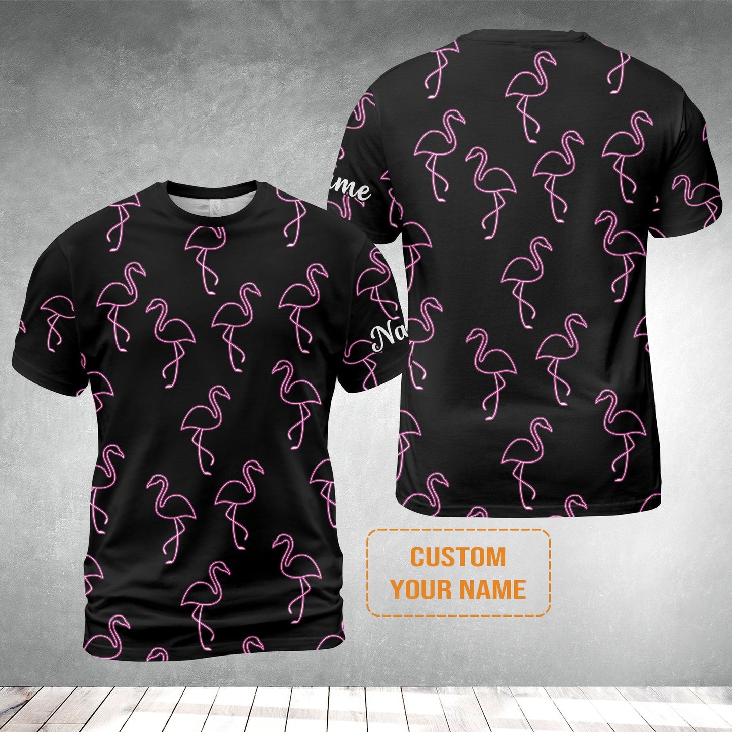 Flamingo Golf T-Shirt - Custom Name Neon Pink Flamingos Pattern Apparel T-Shirt - Personalized Gift For Golf Lover, Team, Husband, Boyfriend, Men