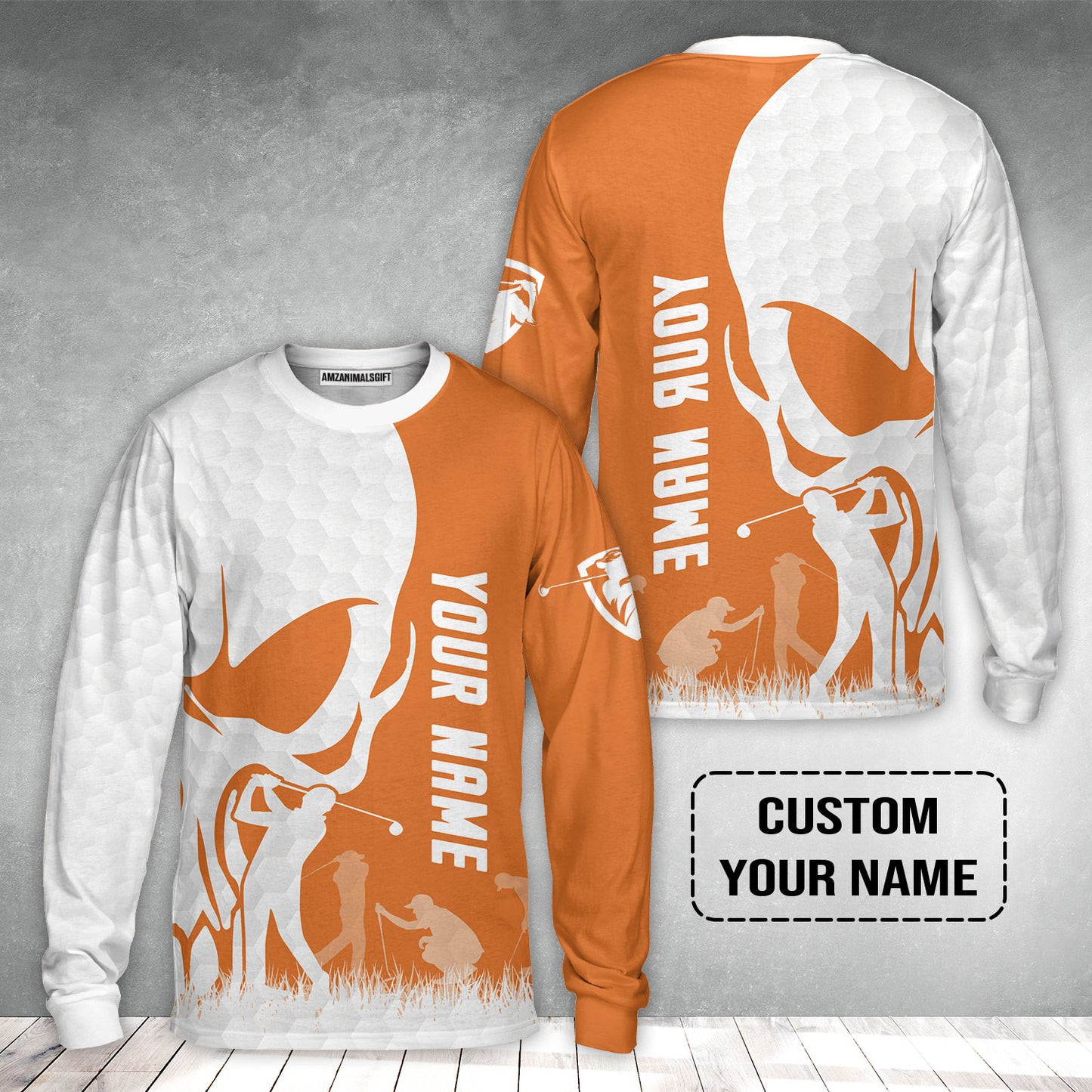 Golf Long Sleeve Shirt - Custom Name Skull White Golf Ball, Orange Apparel Long Sleeve Shirt - Personalized Gift For Golf Lover, Team, Husband, Boyfriend, Men