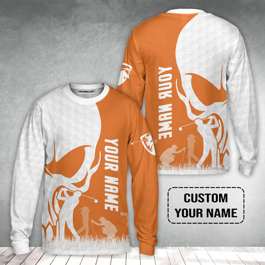 Golf Long Sleeve Shirt - Custom Name Skull White Golf Ball, Orange Apparel Long Sleeve Shirt - Personalized Gift For Golf Lover, Team, Husband, Boyfriend, Men