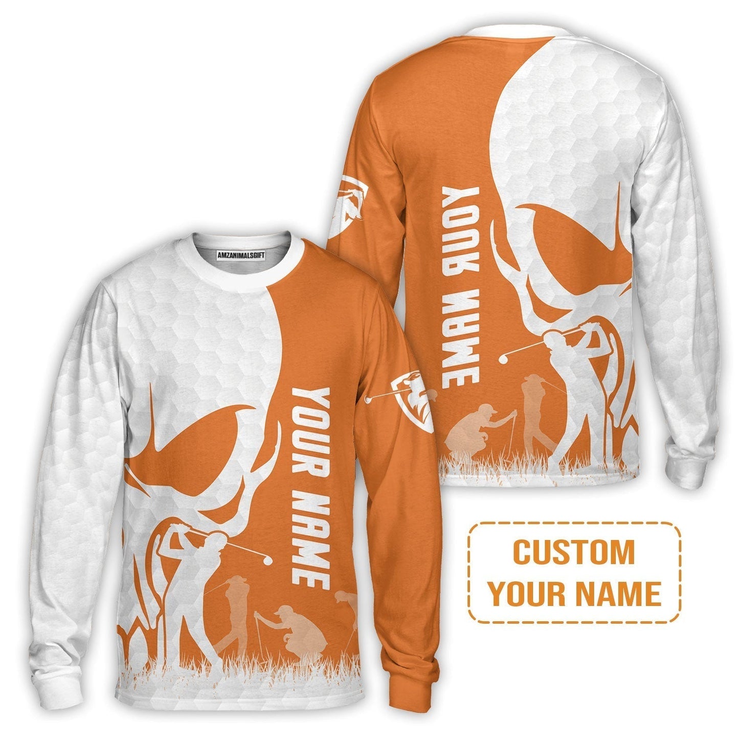 Golf Sweatshirt - Custom Name Skull White Golf Ball, Orange Apparel Sweatshirt - Personalized Gift For Golf Lover, Team, Husband, Boyfriend, Men
