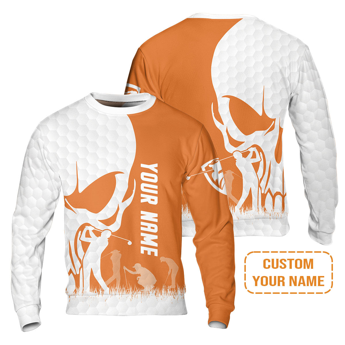 Golf T-Shirt - Custom Name Skull White Golf Ball, Orange Apparel T-Shirt - Personalized Gift For Golf Lover, Team, Husband, Boyfriend, Men