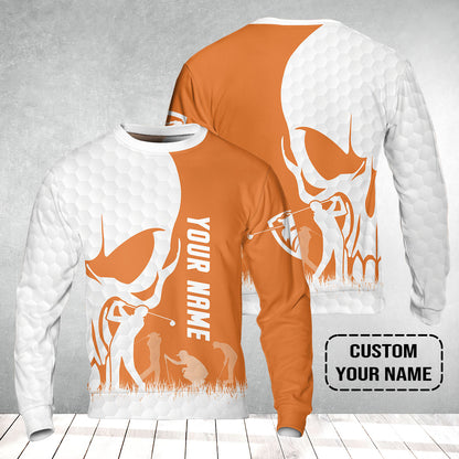 Golf Sweatshirt - Custom Name Skull White Golf Ball, Orange Apparel Sweatshirt - Personalized Gift For Golf Lover, Team, Husband, Boyfriend, Men