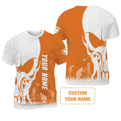 Golf Hoodie - Custom Name Skull White Golf Ball, Orange Apparel Hoodie - Personalized Gift For Golf Lover, Team, Husband, Boyfriend, Men