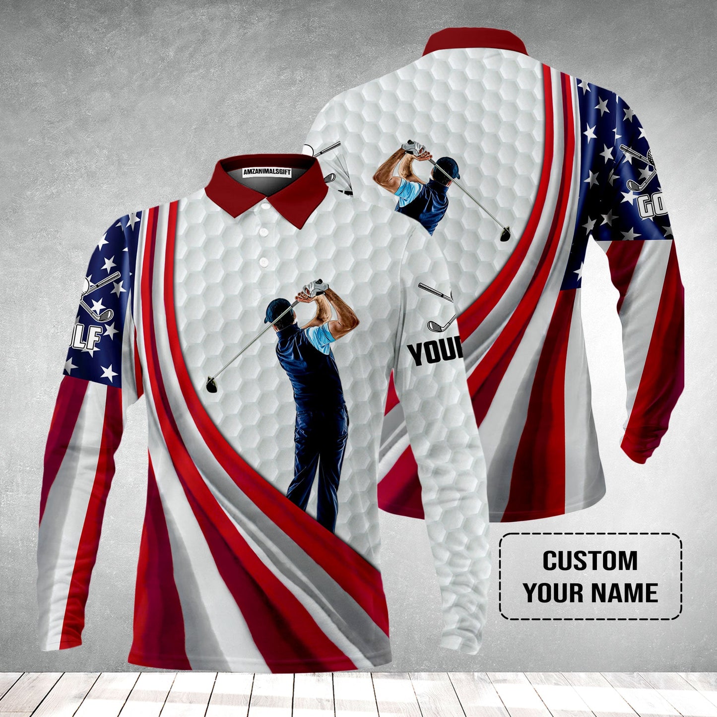 4th of July Golf Men Polo Shirt - Custom Name White Golf American Flag 4th of July Men's Long Sleeve Polo Shirt