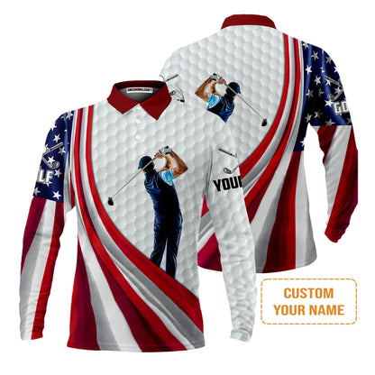 4th of July Golf Men Polo Shirt - Custom Name White Golf American Flag 4th of July Men's Long Sleeve Polo Shirt