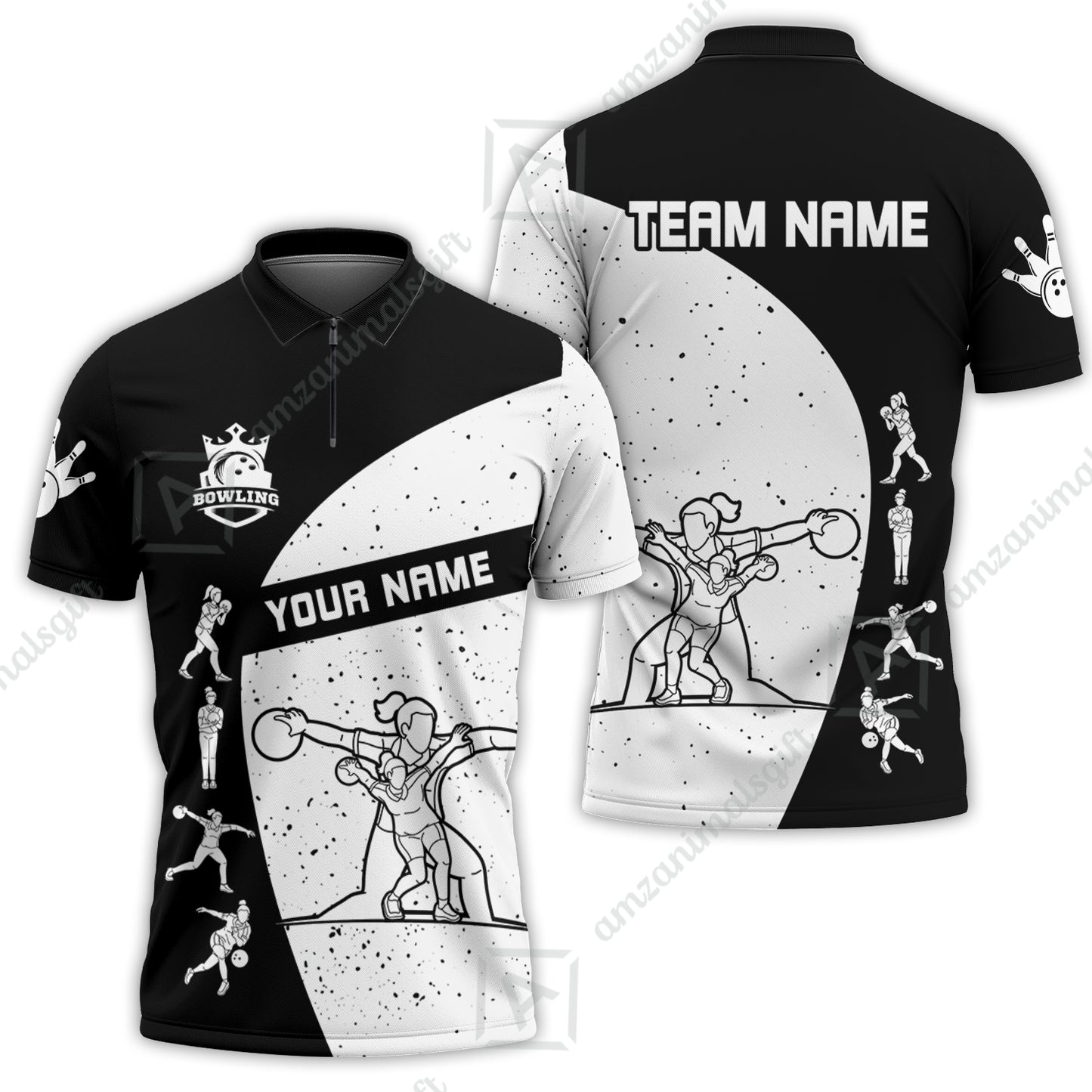 Custom Stylish Black and White Bowling Team Unisex Polo Shirts, Bowling Team Uniforms Jerseys, Polo Shirt With Name And Team Name