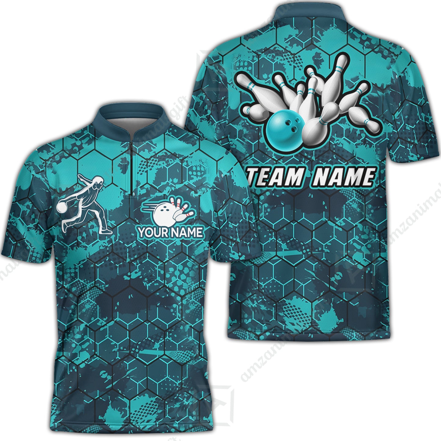 Custom Turquoise Bowling Team Jersey Shirts, Bowling Team Uniforms Jerseys, Personalized Name And Team Name