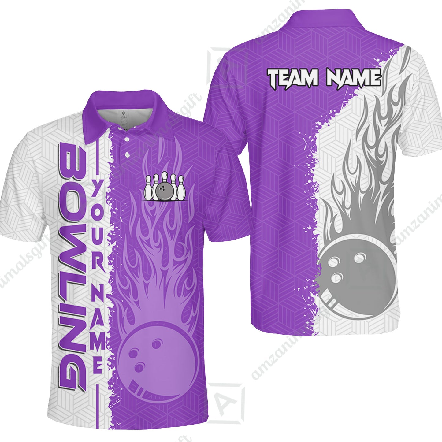Custom White and Purple Flame Bowling Team Jersey Polo Shirts, Bowling Team Uniforms Jerseys, Personalized Name And Team Name