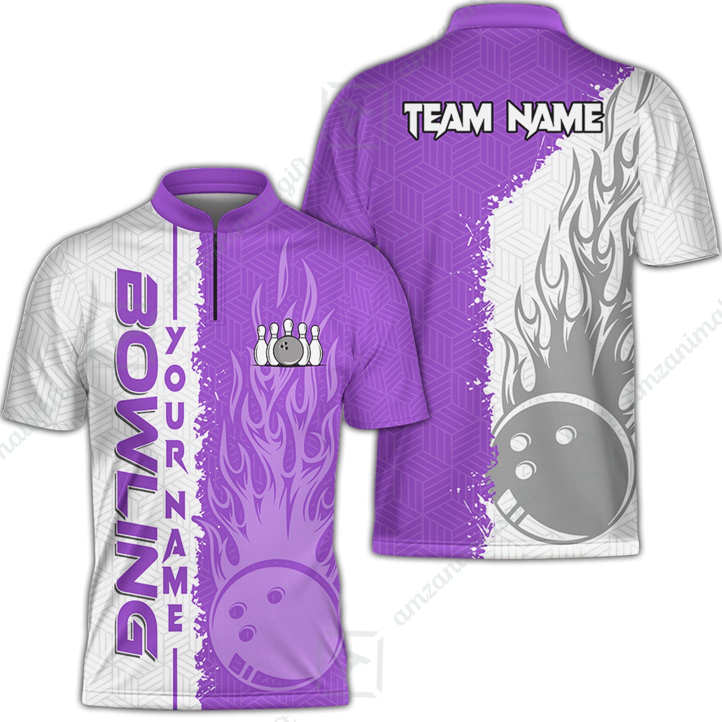 Custom White and Purple Flame Bowling Team Jersey Polo Shirts, Bowling Team Uniforms Jerseys, Personalized Name And Team Name